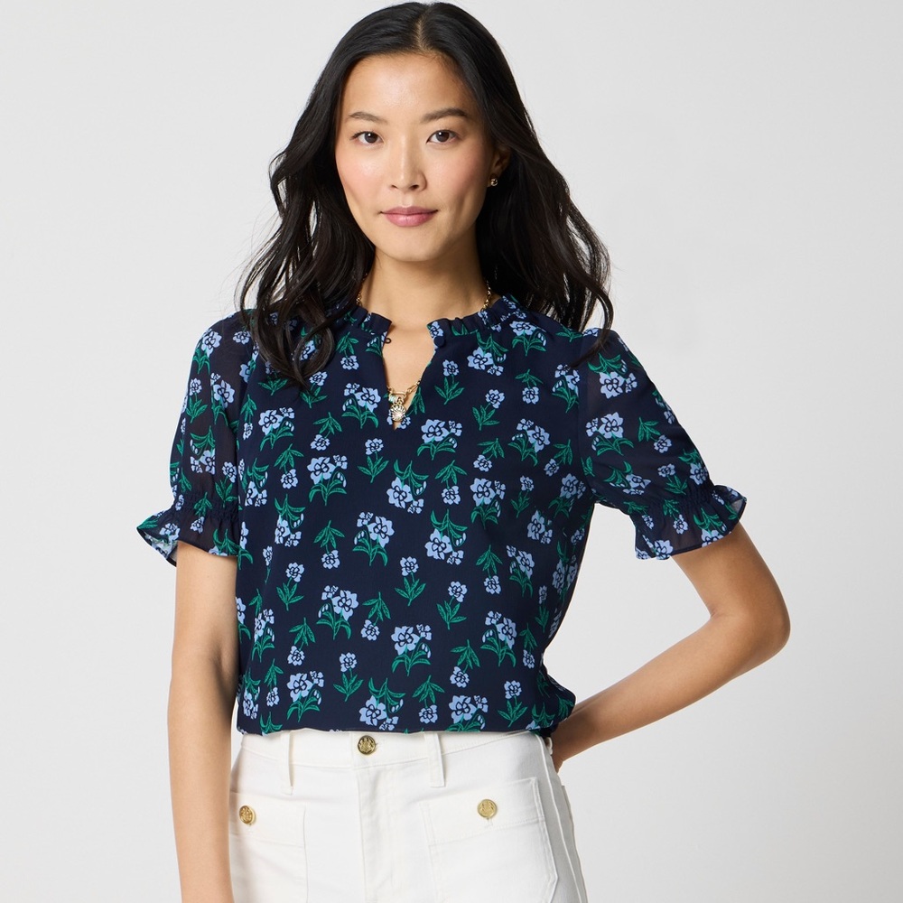 J. Crew Antique Navy Floral Ruffleneck Blouse